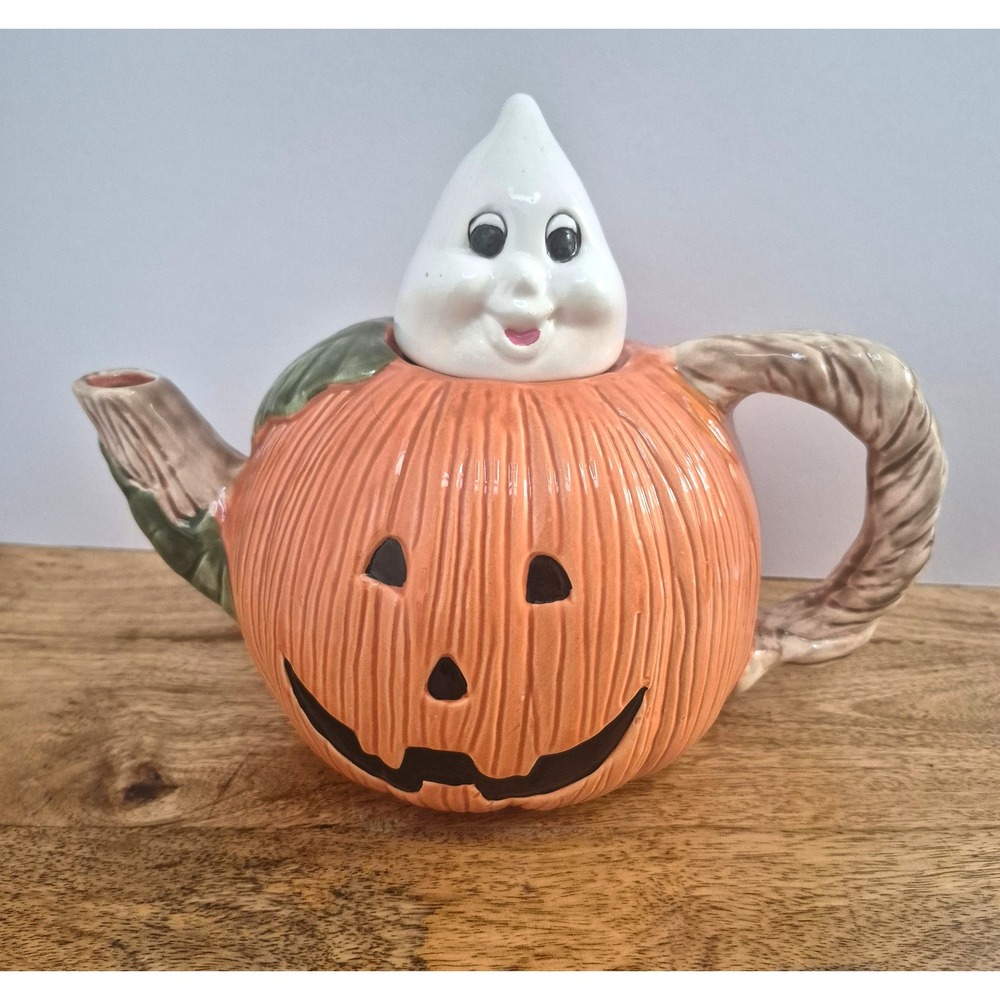 Pumpkin Teapot Jack o Lantern Ghost Face Lid Halloween